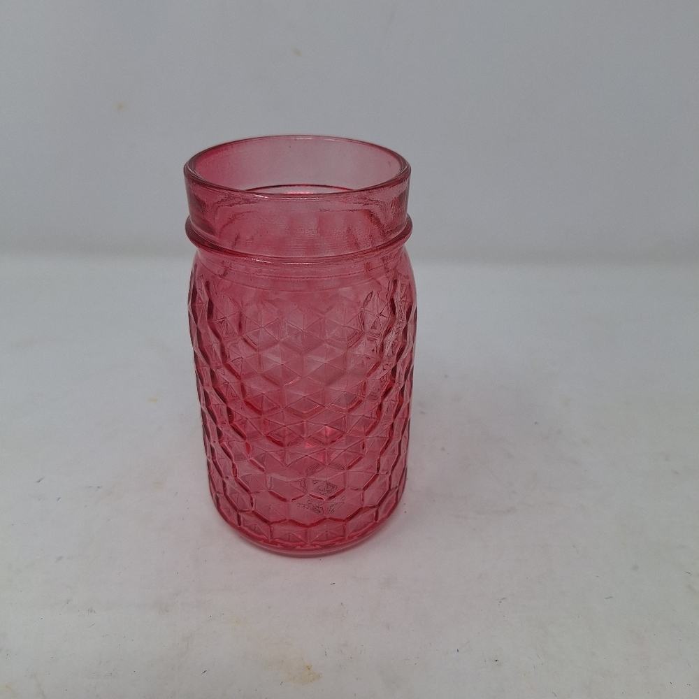 Pink Glass Mason Jar Hexagonal Stamped Patterned Vase 5.5 Inch Home Decor
